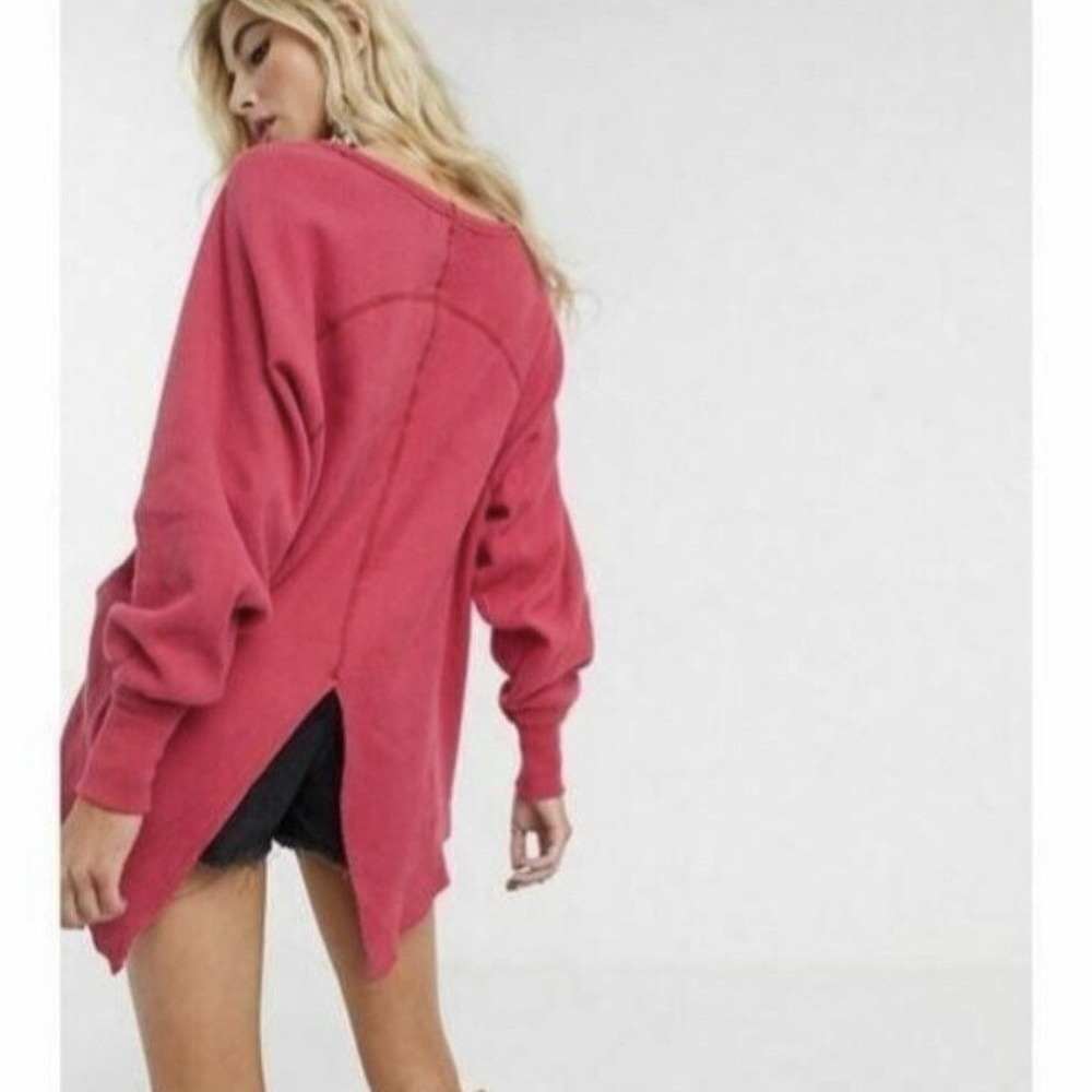 Free People We The Free Snow Drop Waffle Knit Split Back Top L Raspberry Boho